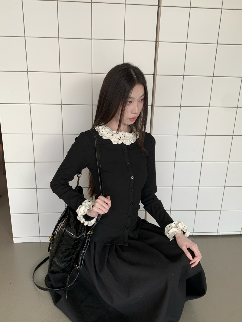 Black Polka Dot Lace Sleeve Long Sleeve Knit Cardigan Women Slim Fit Base Layer Top