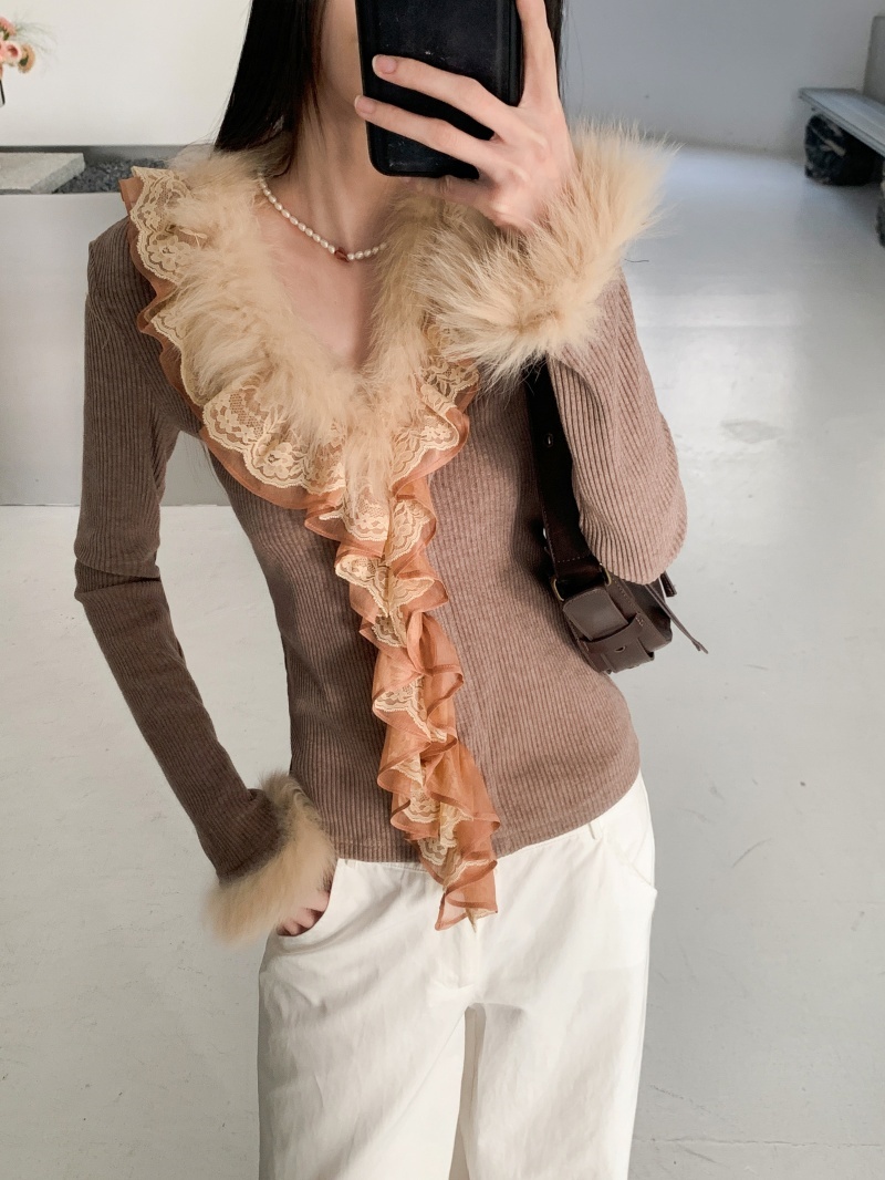 Brown Lace-Trimmed Real Rabbit Fur Knit Cardigan