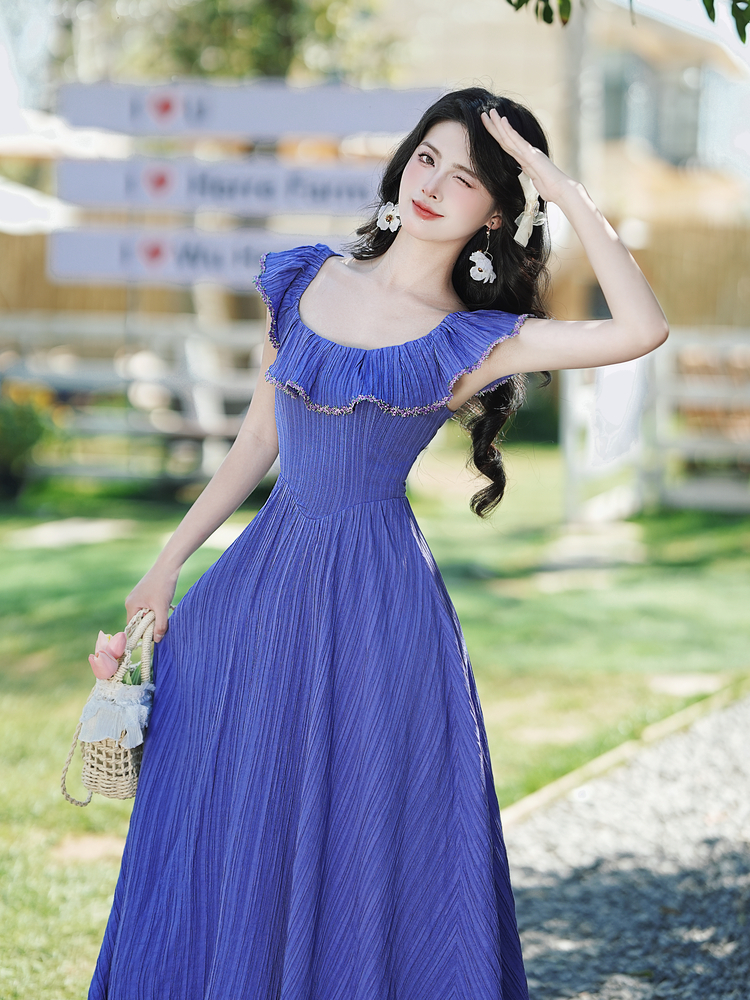 French Country Style Blueberry Ruffle Sleeveless Long Dress