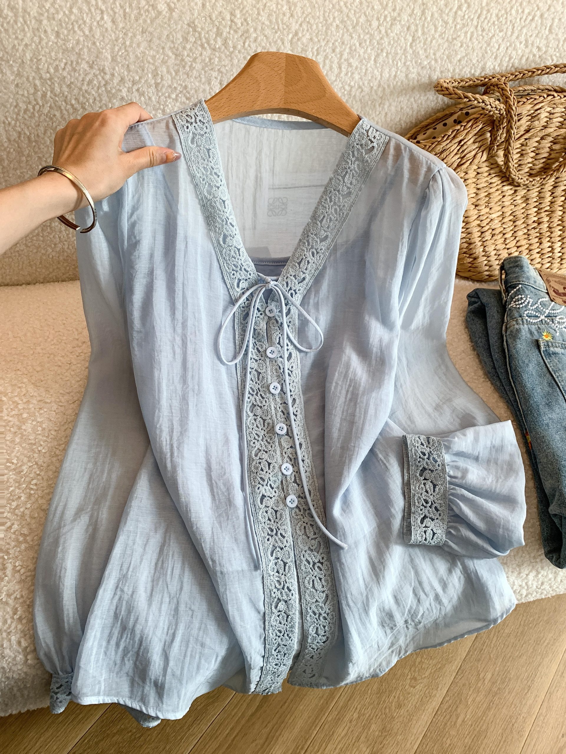 French Embroidered Hollow Out White Shirt Women Summer Lace Up Lightweight with Vest Two Piece Set Sun Protection Top