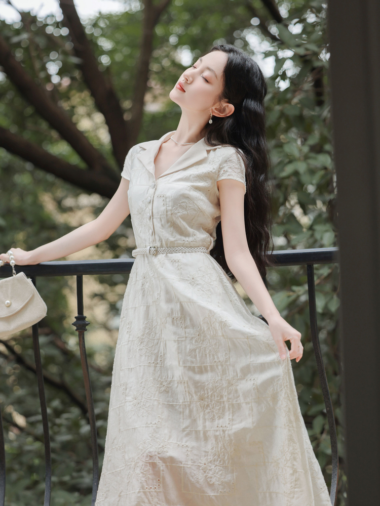 French Vintage Embroidered A-Line Midi Dress for Women Summer Slim Fit