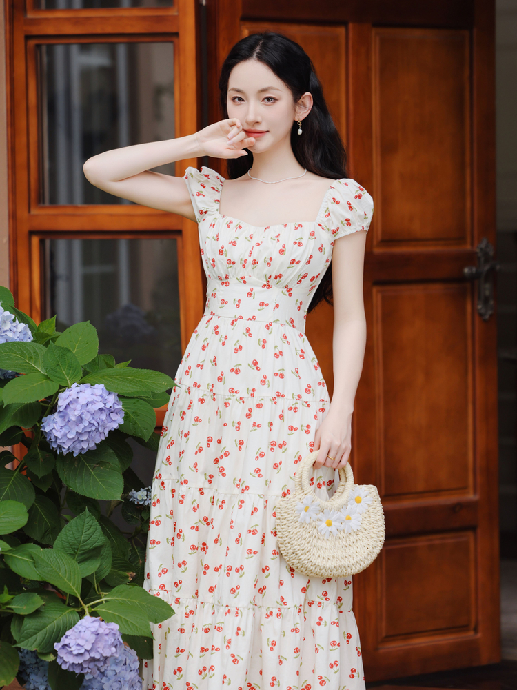 French Vintage Floral Print Dress with Smocked Back
