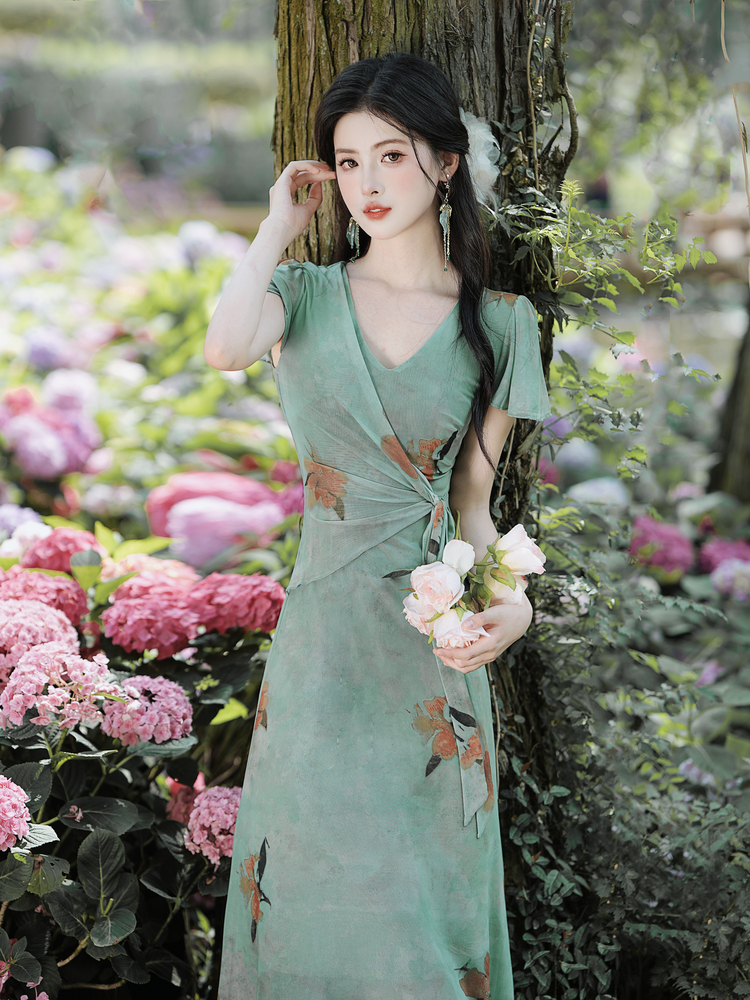French Vintage Floral Print Mesh Dress - Style 568281