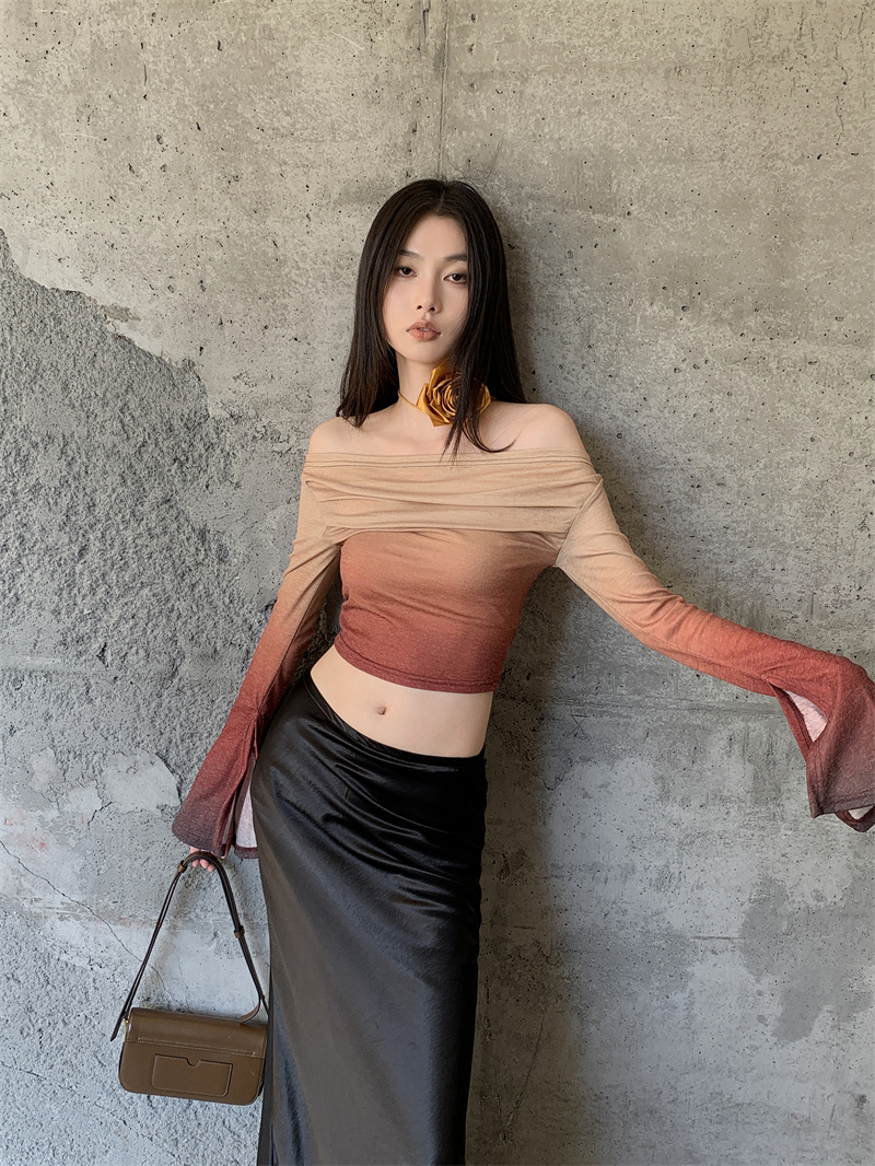 Gradient Knit Pullover Top with Off-Shoulder Neckline