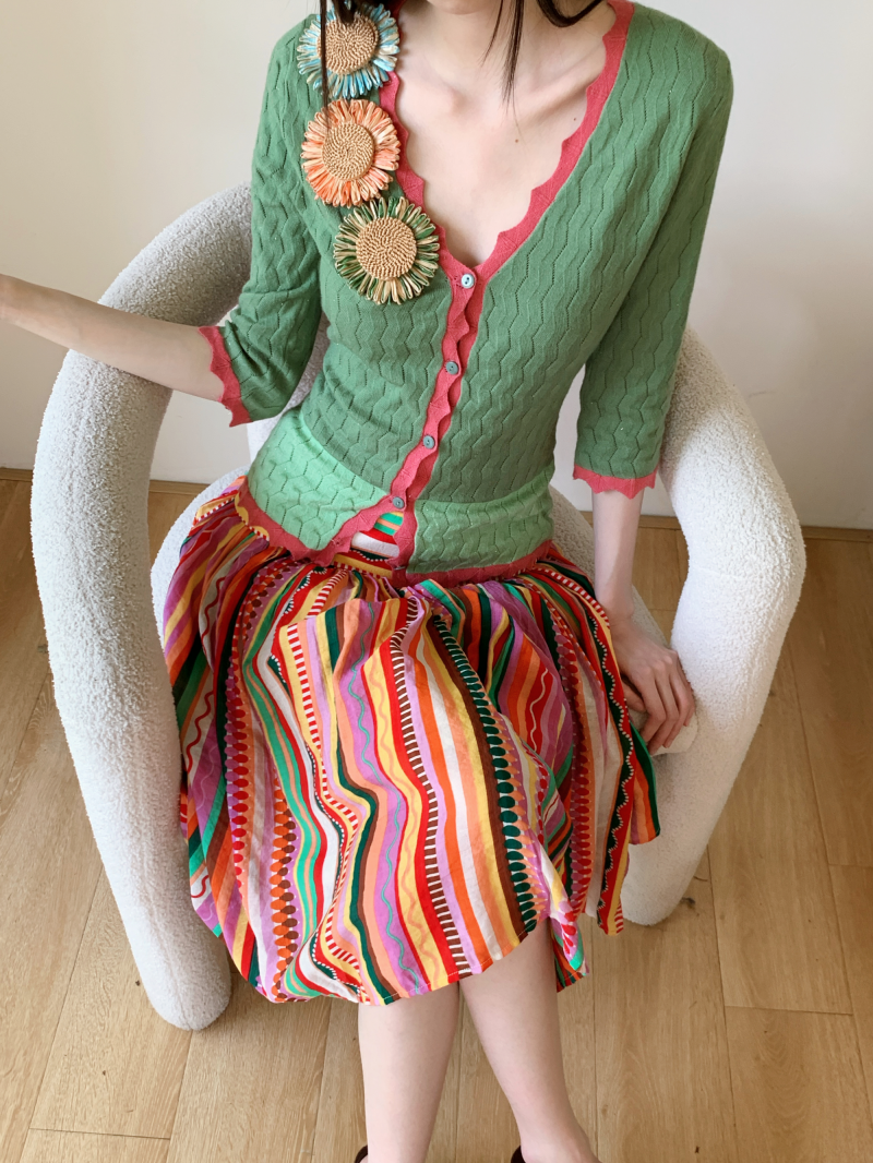Green Sunflower Knit Cardigan Retro Set with V-Neck and 1950s Colorful Striped Skirt - Image 3