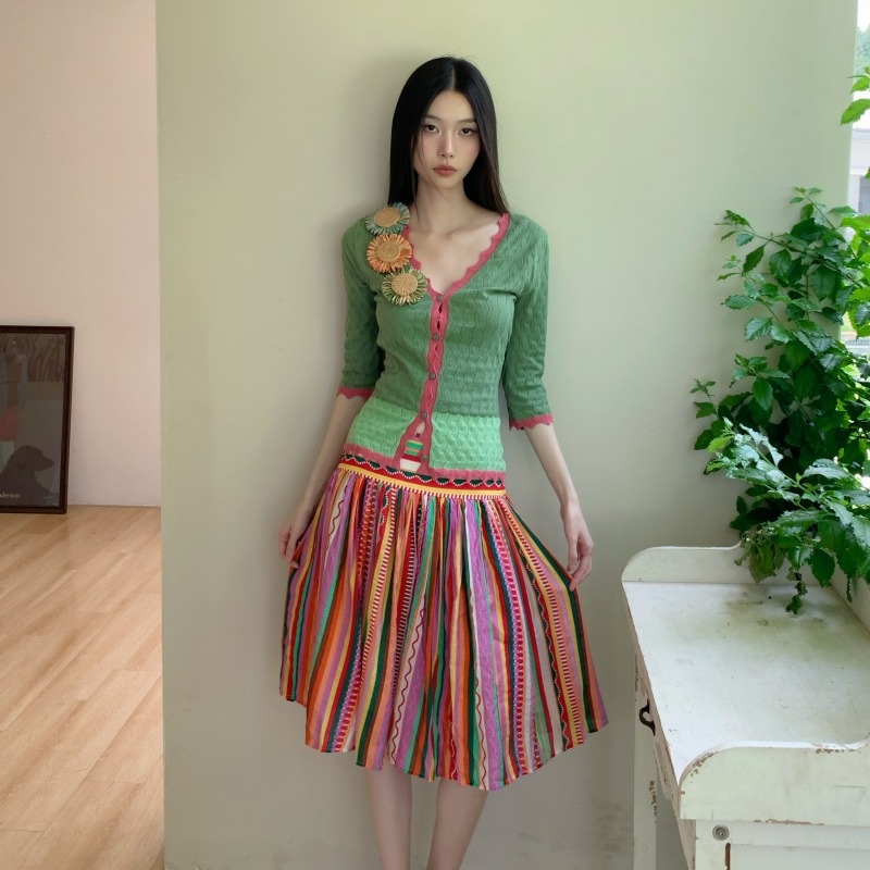 Green Sunflower Knit Cardigan Retro Set with V-Neck and 1950s Colorful Striped Skirt - Image 5