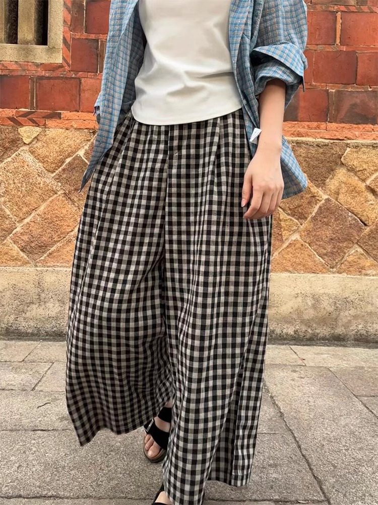 High Waist Wide Leg Plaid Pants for Women Petite Pear Shape Slimming Cropped