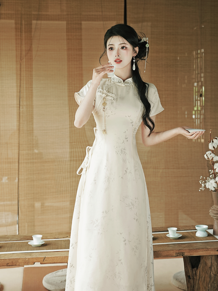 Ink Wash Bamboo Leaf New Chinese Style Qipao Dress with Pankou
