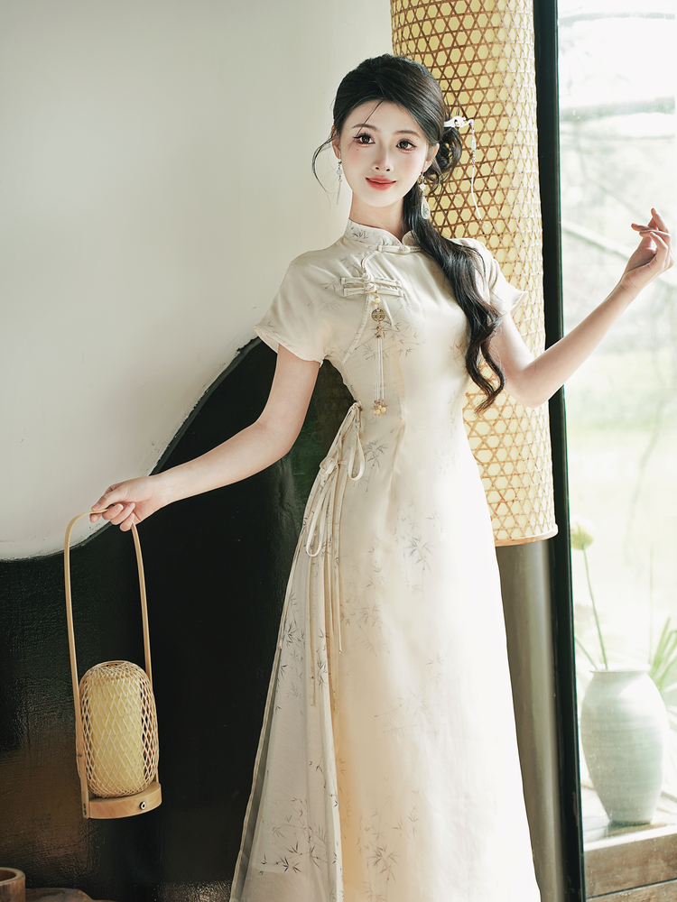Ink Wash Bamboo Leaf New Chinese Style Qipao Dress with Pankou - Image 2