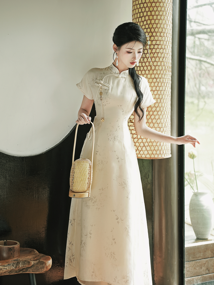Ink Wash Bamboo Leaf New Chinese Style Qipao Dress with Pankou - Image 3