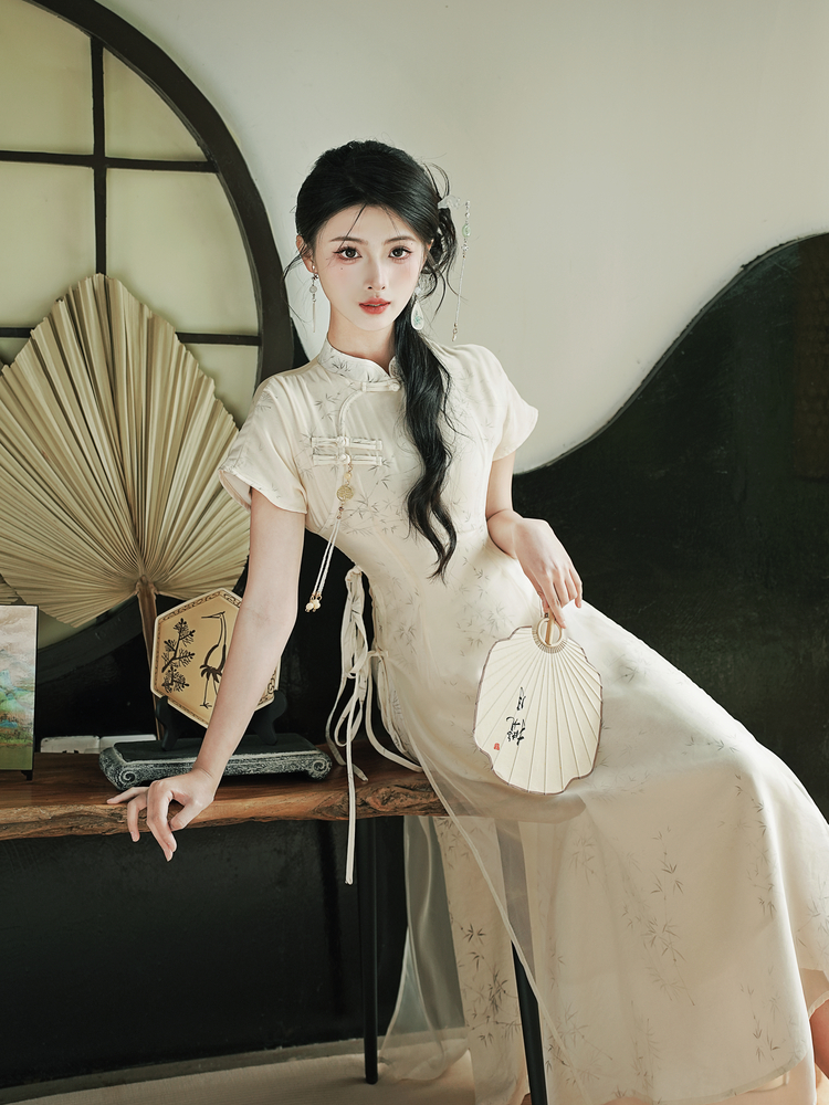 Ink Wash Bamboo Leaf New Chinese Style Qipao Dress with Pankou - Image 4