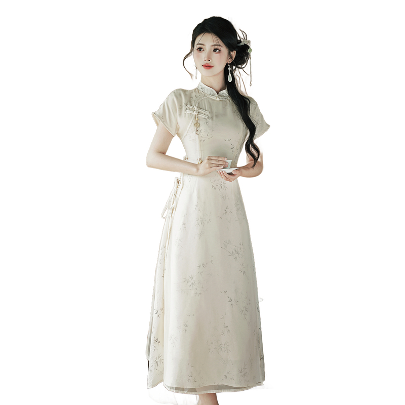 Ink Wash Bamboo Leaf New Chinese Style Qipao Dress with Pankou - Image 5