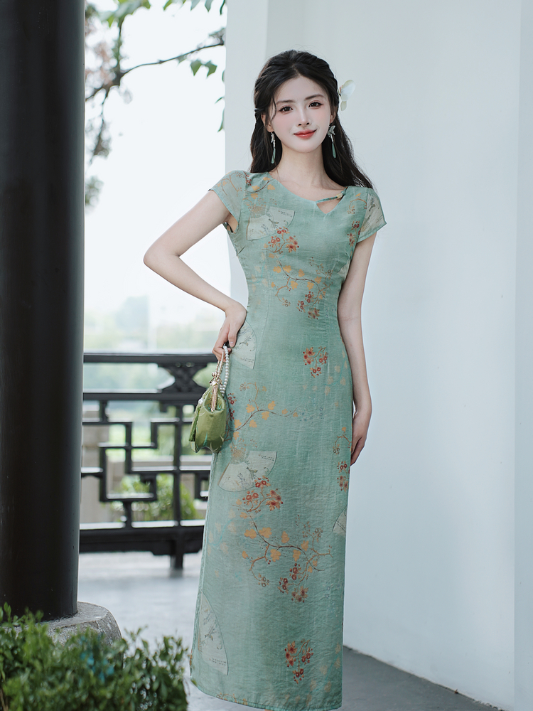 New Chinese Style A-Line Long Dress in Cool Tea Green