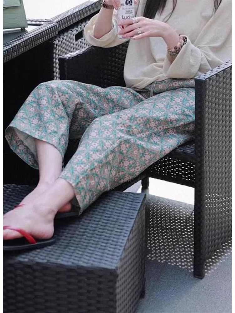 New Chinese Style Brocade Print Straight Leg Pants for Women 2025 Summer
