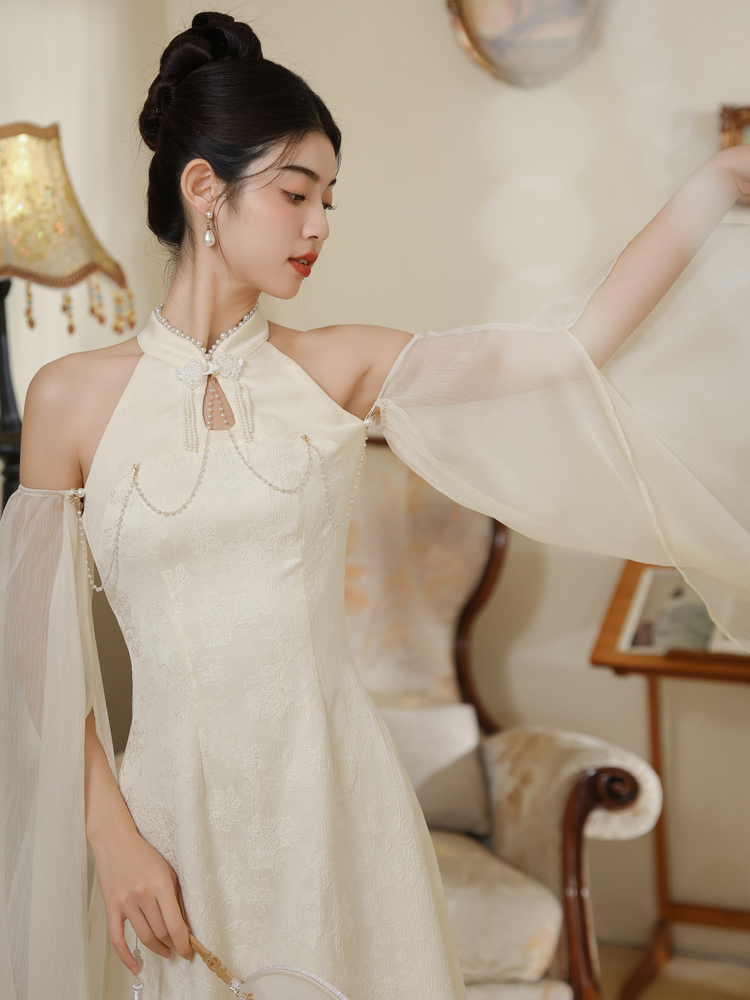 New Chinese Style Halter Neck A-Line Midi Dress with Beaded Chain - Style b65f2a