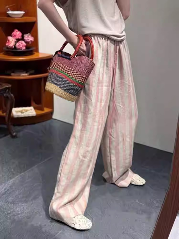 Pink Striped Wide Leg Linen Blend Casual Pants for Women