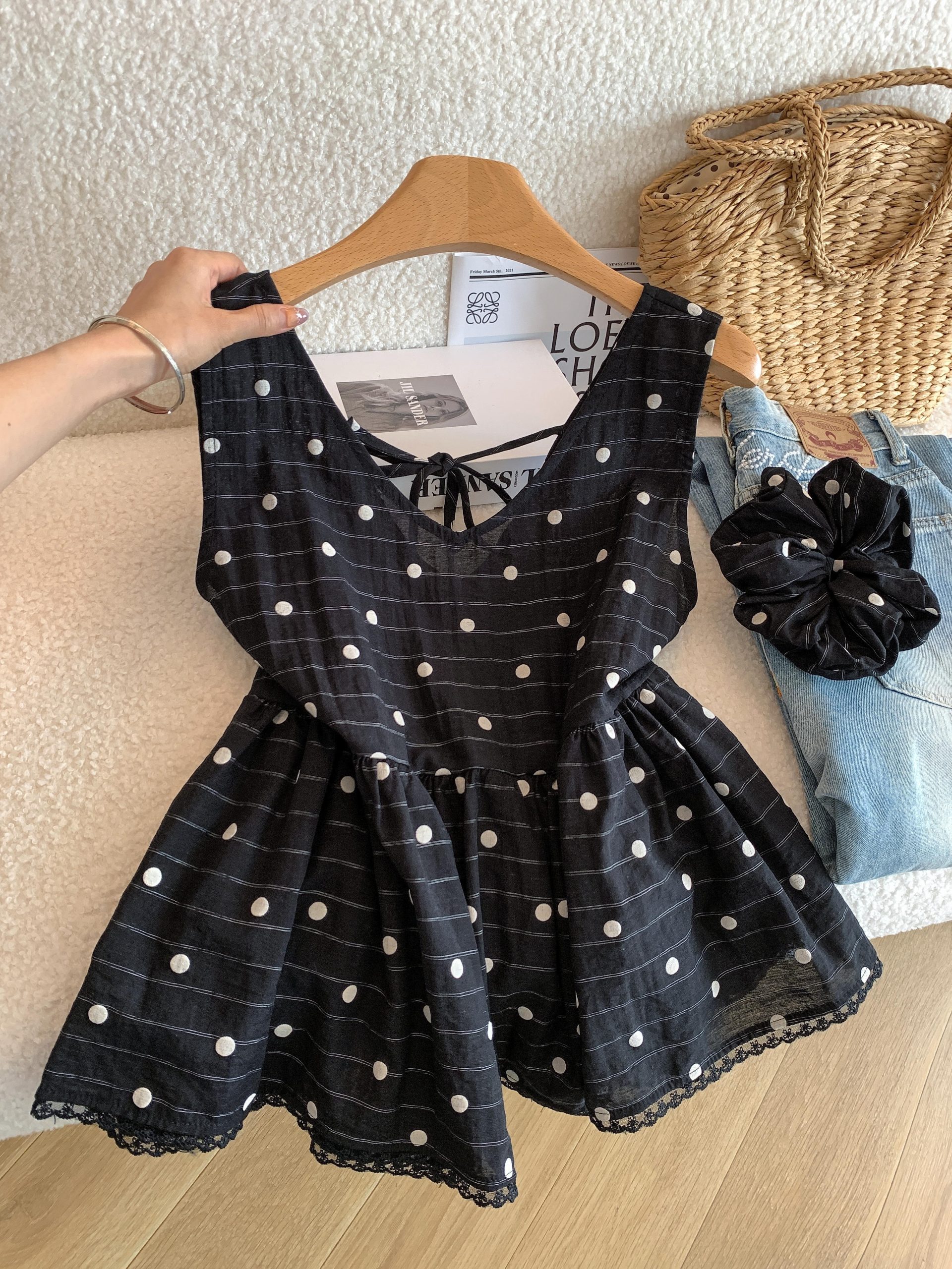 Polka Dot V-Neck Cami Top for Women Summer Ruffle Babydoll Shirt with Hair Tie