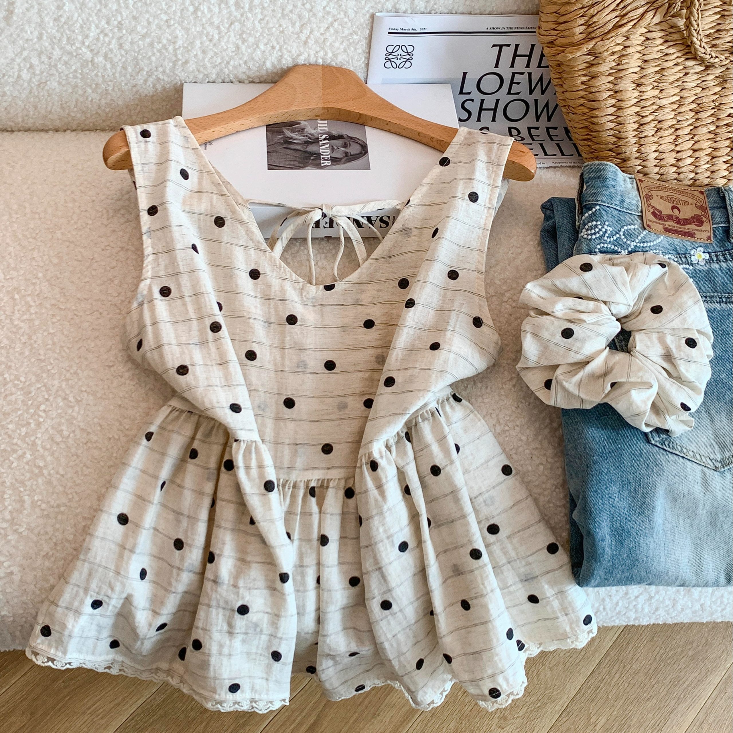Polka Dot V-Neck Cami Top Women Summer Ruffle Babydoll Shirt with Hair Tie - Style fe4ee5 - Image 5