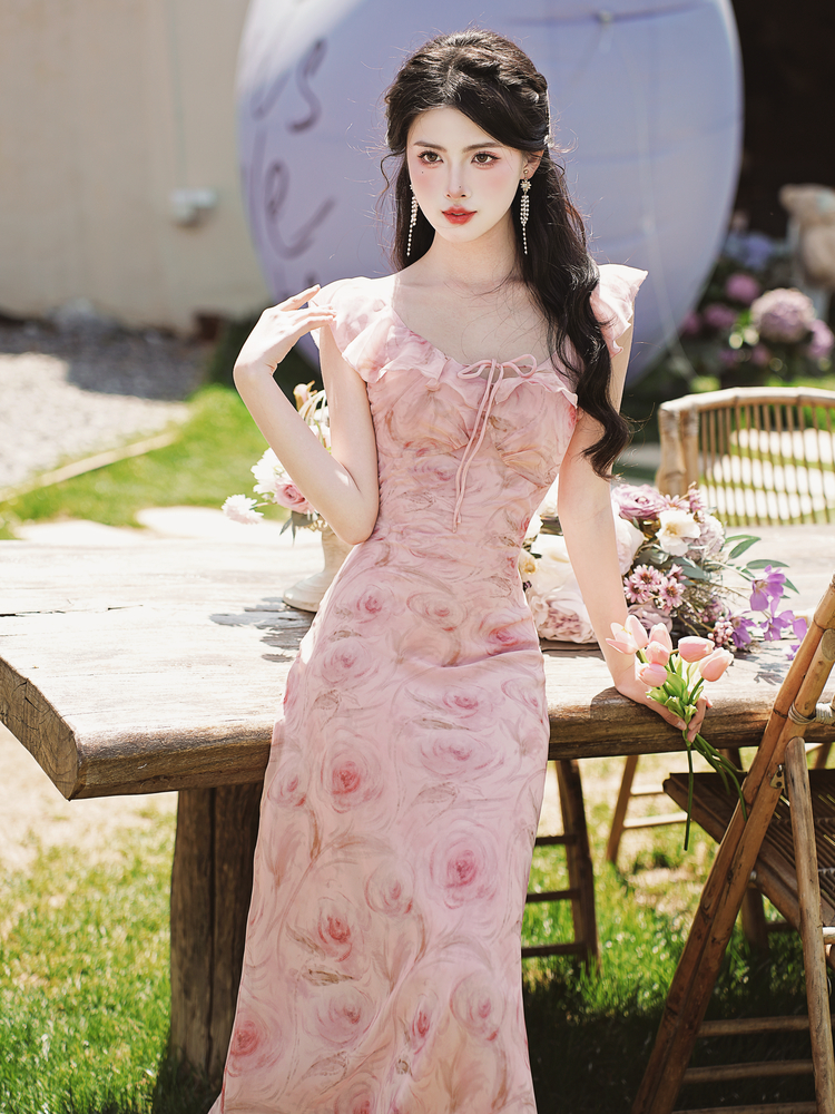 Real Photo Lychee Rose Bias Cut Print Cami Fairy Long Dress
