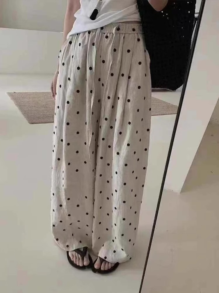 Retro Ramie Polka Dot Embroidered Balloon Pants Women Summer Drawstring Casual Loose Long Pants