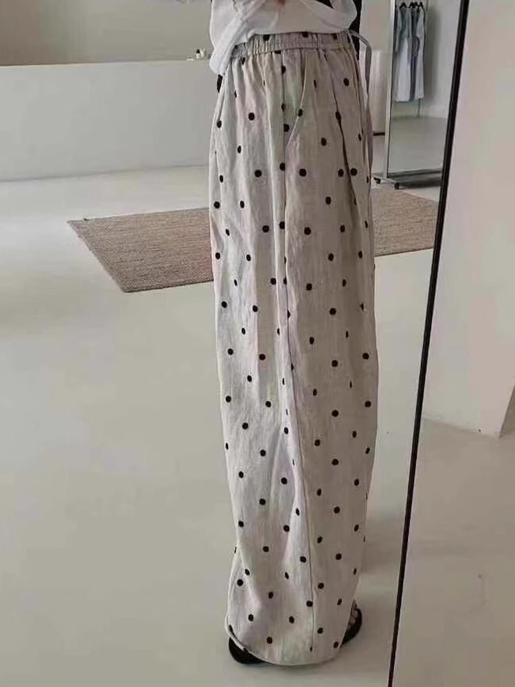 Retro Ramie Polka Dot Embroidered Balloon Pants Women Summer Drawstring Casual Loose Long Pants - Image 2