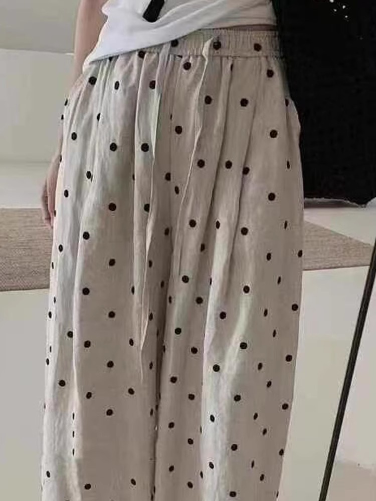 Retro Ramie Polka Dot Embroidered Balloon Pants Women Summer Drawstring Casual Loose Long Pants - Image 3