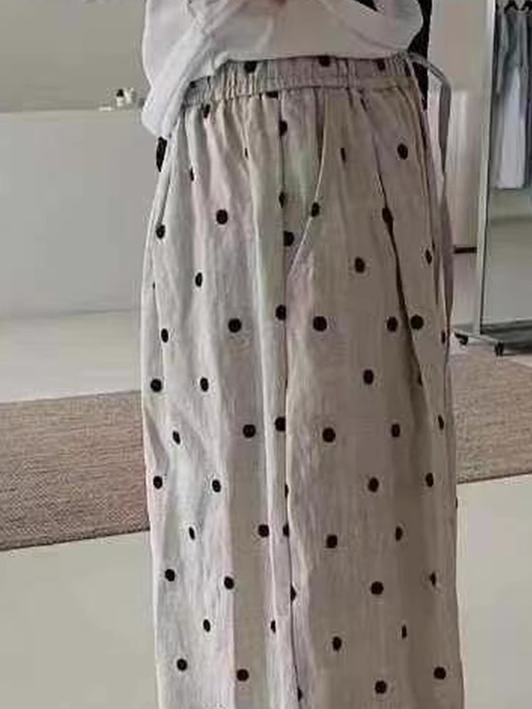 Retro Ramie Polka Dot Embroidered Balloon Pants Women Summer Drawstring Casual Loose Long Pants - Image 4