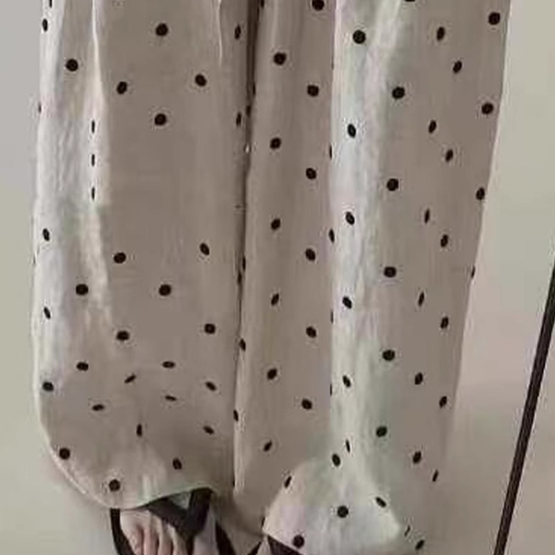 Retro Ramie Polka Dot Embroidered Balloon Pants Women Summer Drawstring Casual Loose Long Pants - Image 5