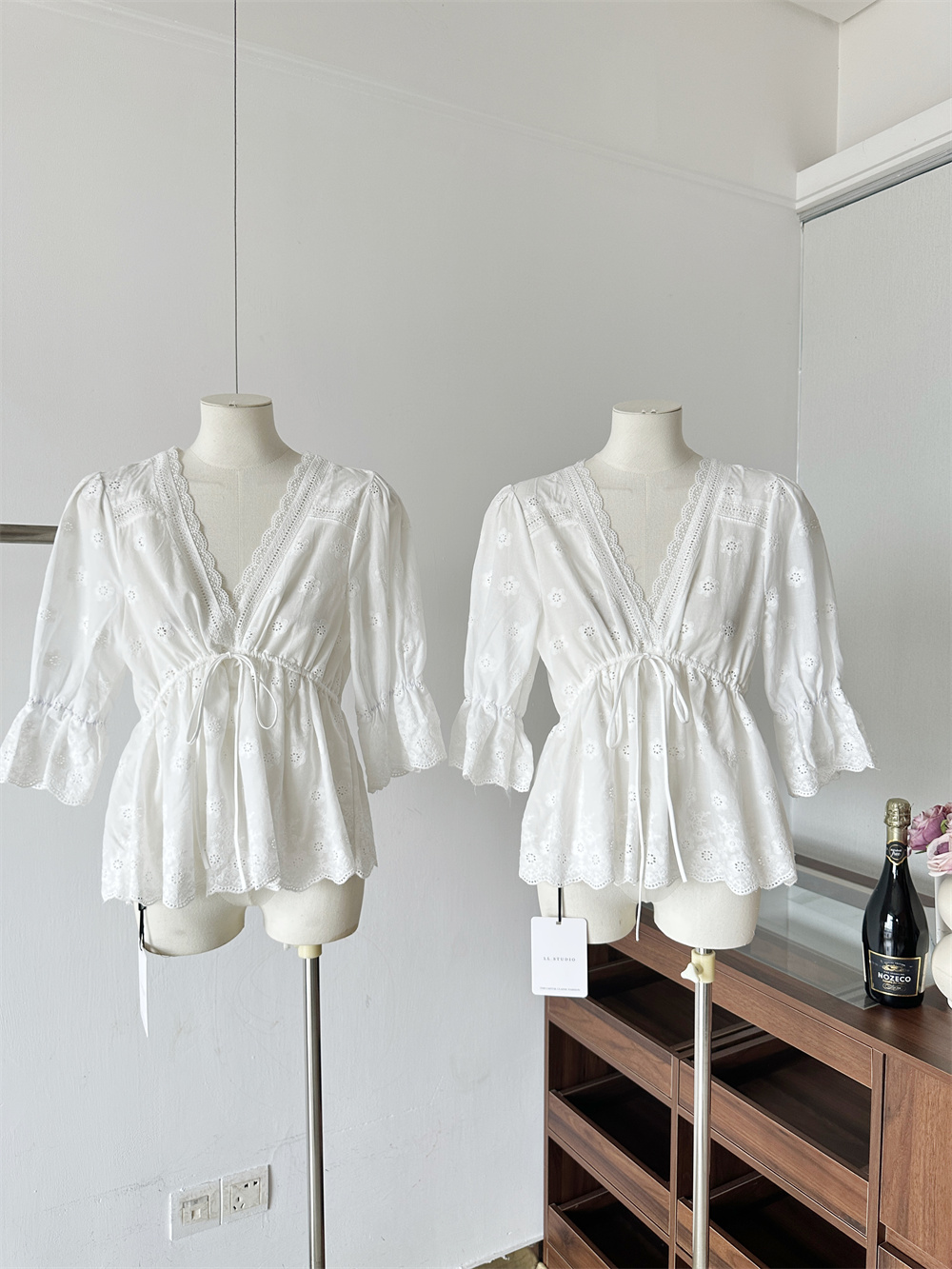 VASSE White Cotton Embroidered Lace Flared Sleeve V-Neck Women's Shirt