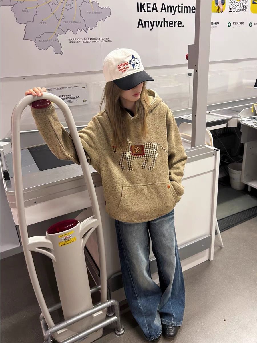 Women's Loose Fit Embroidered Cotton Fleece-Lined Zip Sweatshirt M-2XL