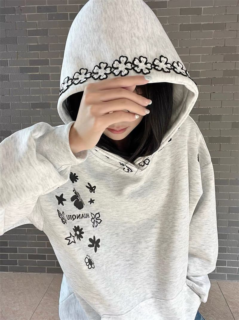 Women's Loose Fit Embroidered Cotton Sweatshirt Gray Thin M-2XL