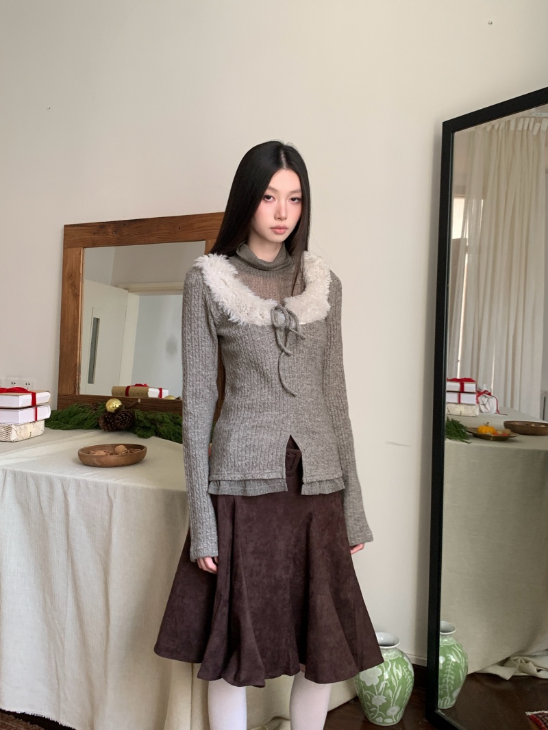 Women's Mock Two-Piece High Neck Knit Top with Cinched Waist